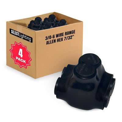 Select 4 Pack Black Insulated Dual Entry Splice Electrical Power Connector, 3/0-6 Wire Range, Allen Hex 7/32"