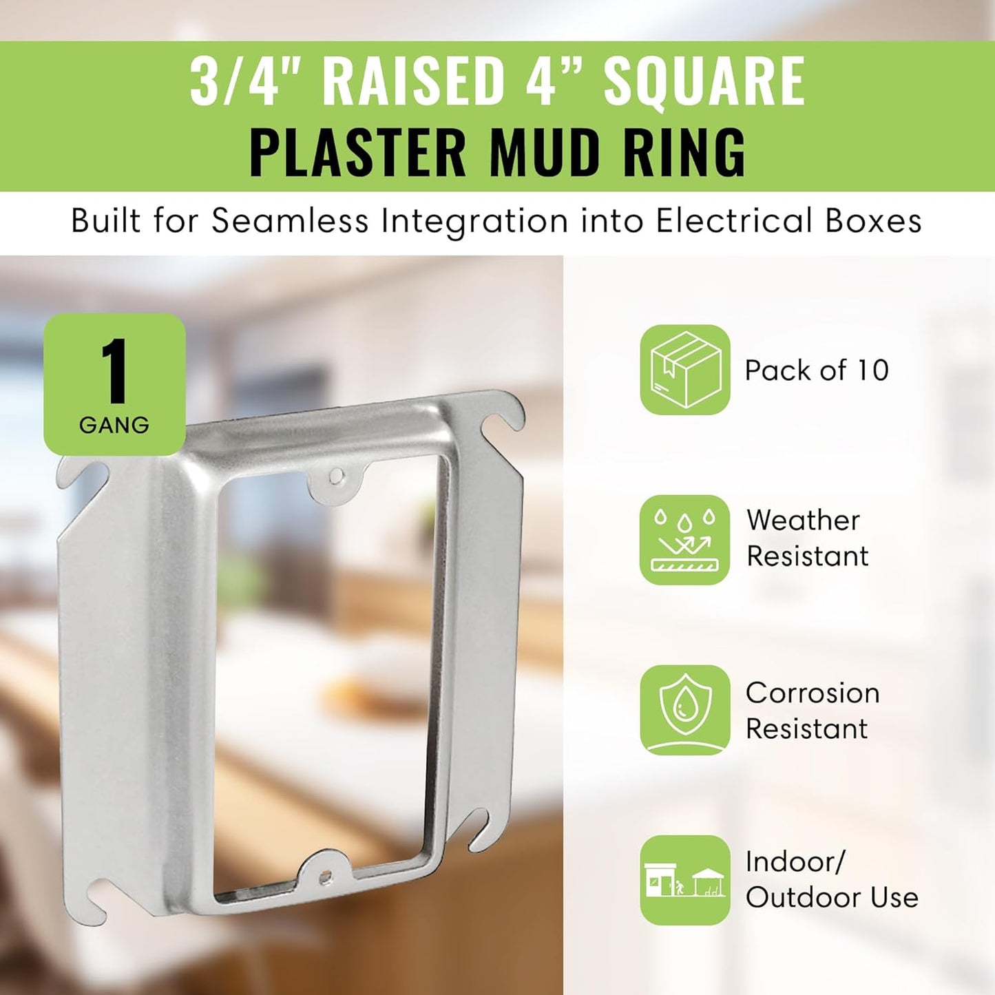 Select 10 Pack 3/4-Inch Raised 4-Inch Square (4S) One Gang Plaster Ring with Angled Slots, Mud Ring for Wiring Connections, Housing Receptacles & Switches