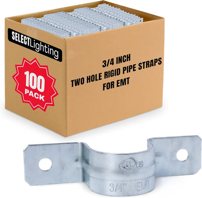 Select 100 Pack Lighting 2 Hole 3/4 Inch Rigid Pipe Straps for EMT, Heavy-Duty Zinc-Plated Steel Clips with Reinforced Rib, Conduit Strap for Pipes, Cables, and Tubes, Snap-On Installation