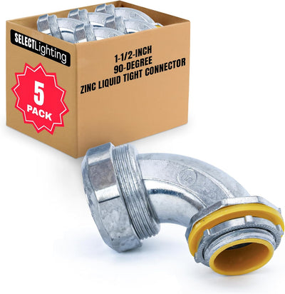 SELECT 5 Pack Lighting 90-Degree Zinc Liquid Tight Connector, 1-1/2 Inch Electrical Connectors, Conduit Fittings, Safe and Rust Resistant