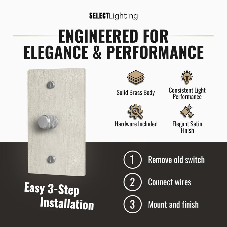 1-Gang Satin Nickel Rotary Dimmer Switch, 15A 120V AC Wall Mount, TRIAC/Leading Edge 1-Way Compatible, Dimmable LED Light Control with Knob, Faceplate & Dimming Module