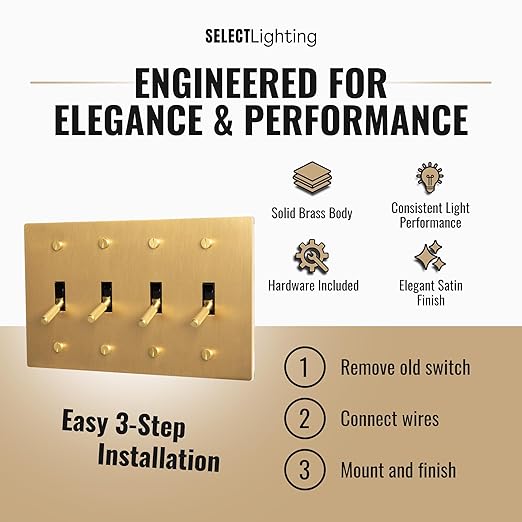 4-Gang Satin Solid Brass Plated Toggle Switch, 15A 120V AC Wall Mount, 3-Way Compatible Vintage Style Single Pole with Faceplate & Switch Module
