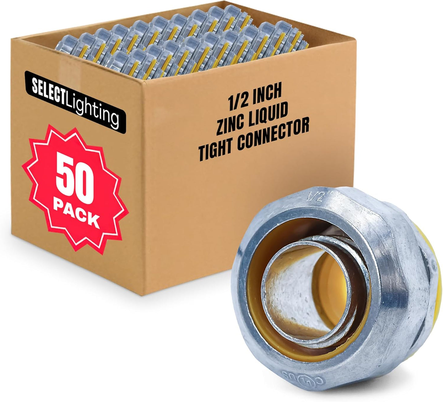 SELECT 50 Pack Lighting Zinc Liquid Tight Straight Connector, 1/2 Inch Electrical Connectors, Conduit Fittings, Safe and Rust Resistant