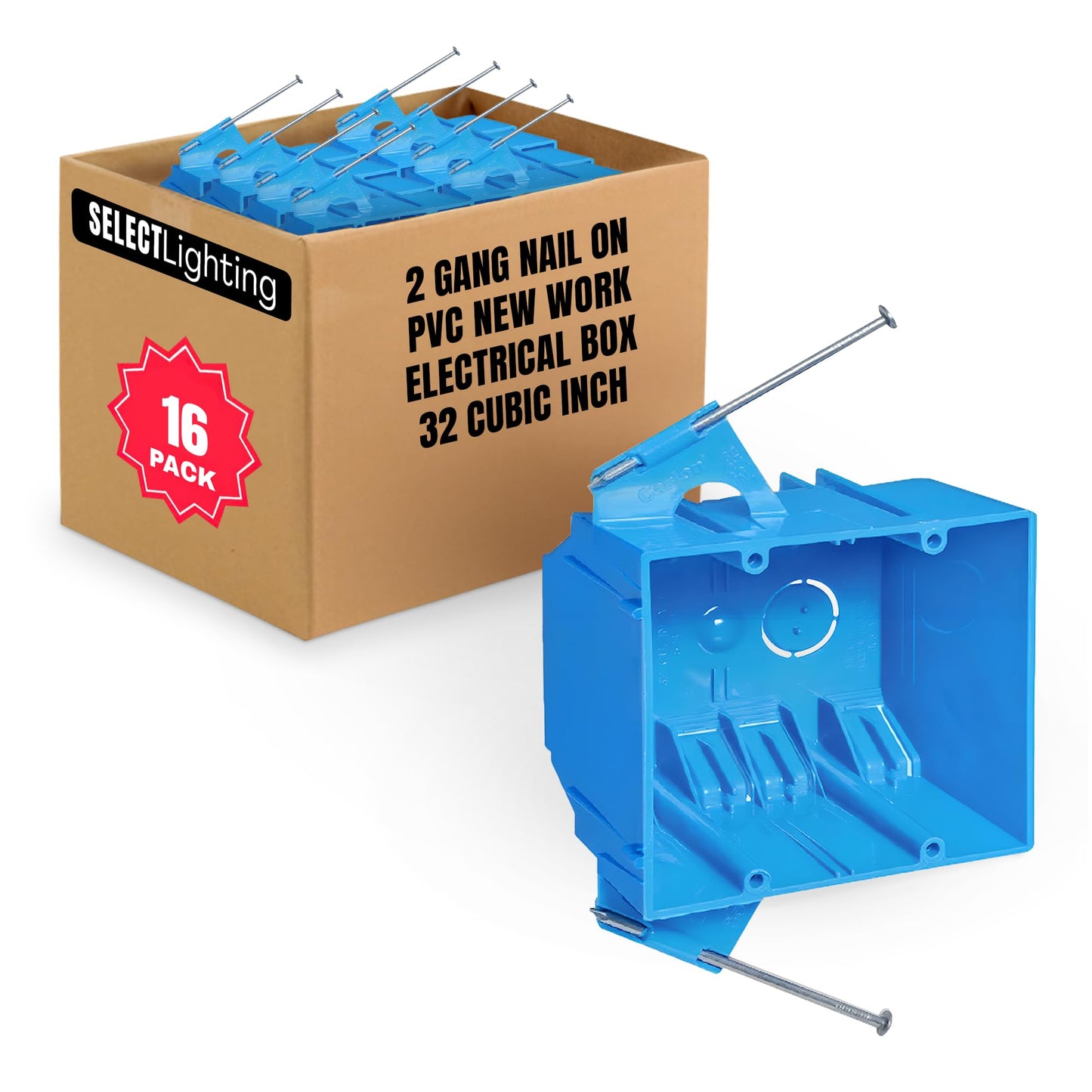 SELECT 16 Pack Nail On Plastic Box 2-Gang PVC New Work Standard Switch/Outlet Wall Electrical Box 32 Cubic