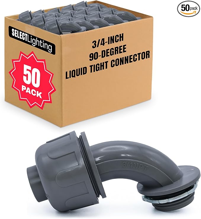 SELECT 50 Pack Lighting PVC Liquid Tight Connector, 3/4” 90-Degree Conduit Connectors, Non-Metallic Conduit Fittings, Safe and Rust Resistant