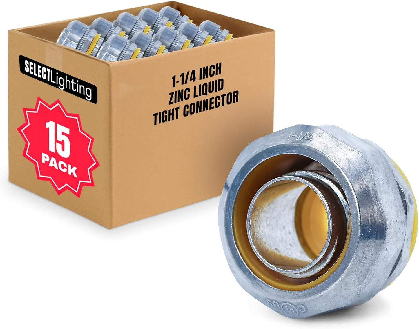 SELECT 15 Pack Lighting Zinc Liquid Tight Straight Connector, 1-1/4 Inch Electrical Connectors, Conduit Fittings, Safe and Rust Resistant