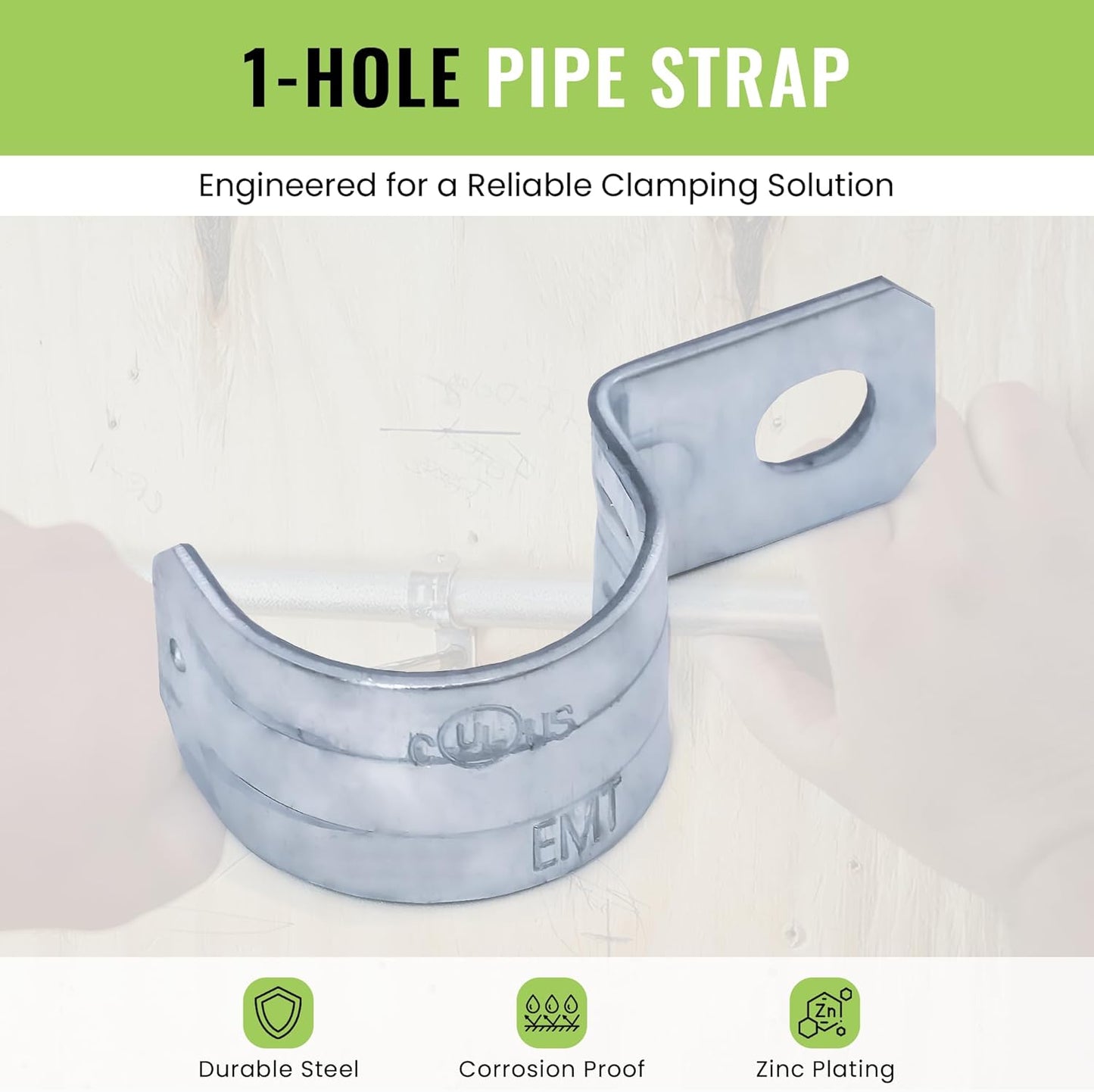 Select 100 Pack Lighting 1 Hole 3/4 Inch Rigid Pipe Straps for EMT, Heavy-Duty Zinc-Plated Steel Clips with Reinforced Rib, Conduit Strap for Pipes, Cables, and Tubes, Snap-On Installation