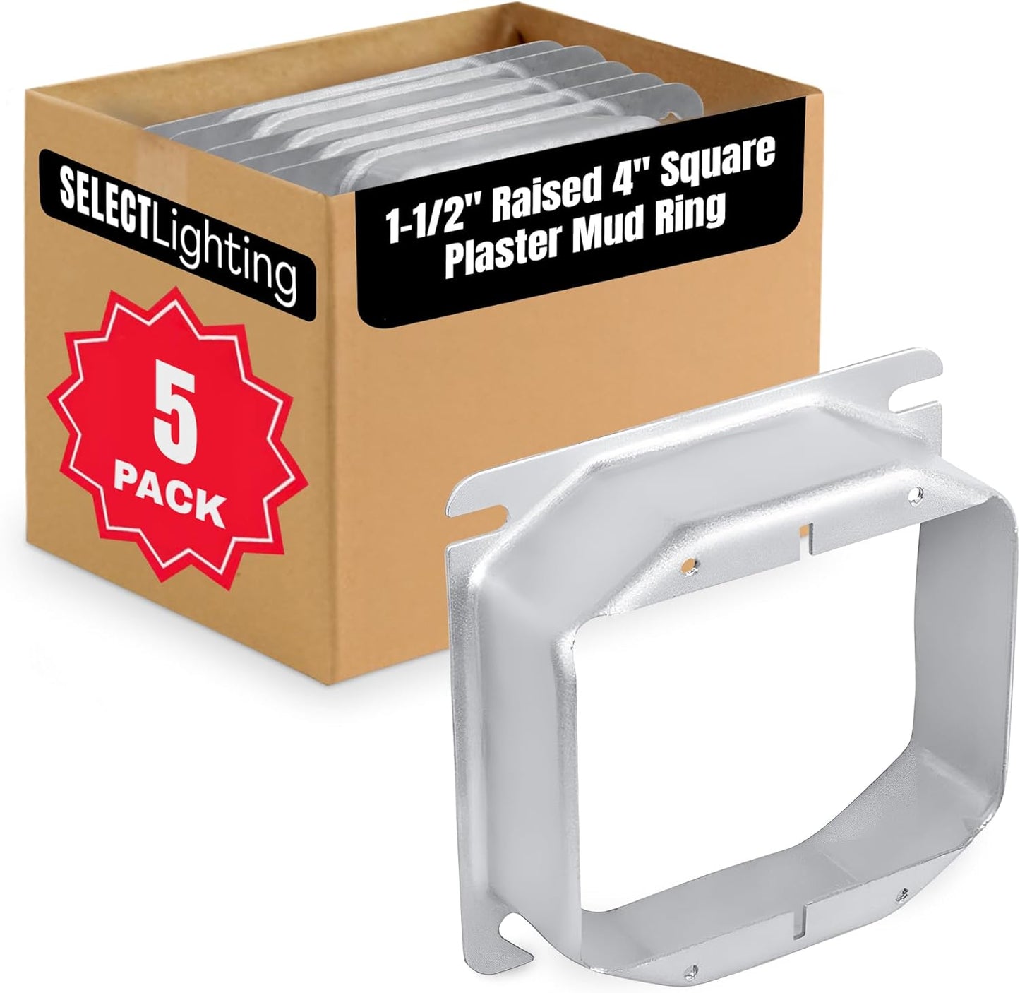 Select 5 Pack 1-Inch Raised 4-Inch Square (4S) Two Gang Plaster Ring with Angled Slots, Mud Ring for Wiring Connections, Housing Receptacles & Switches