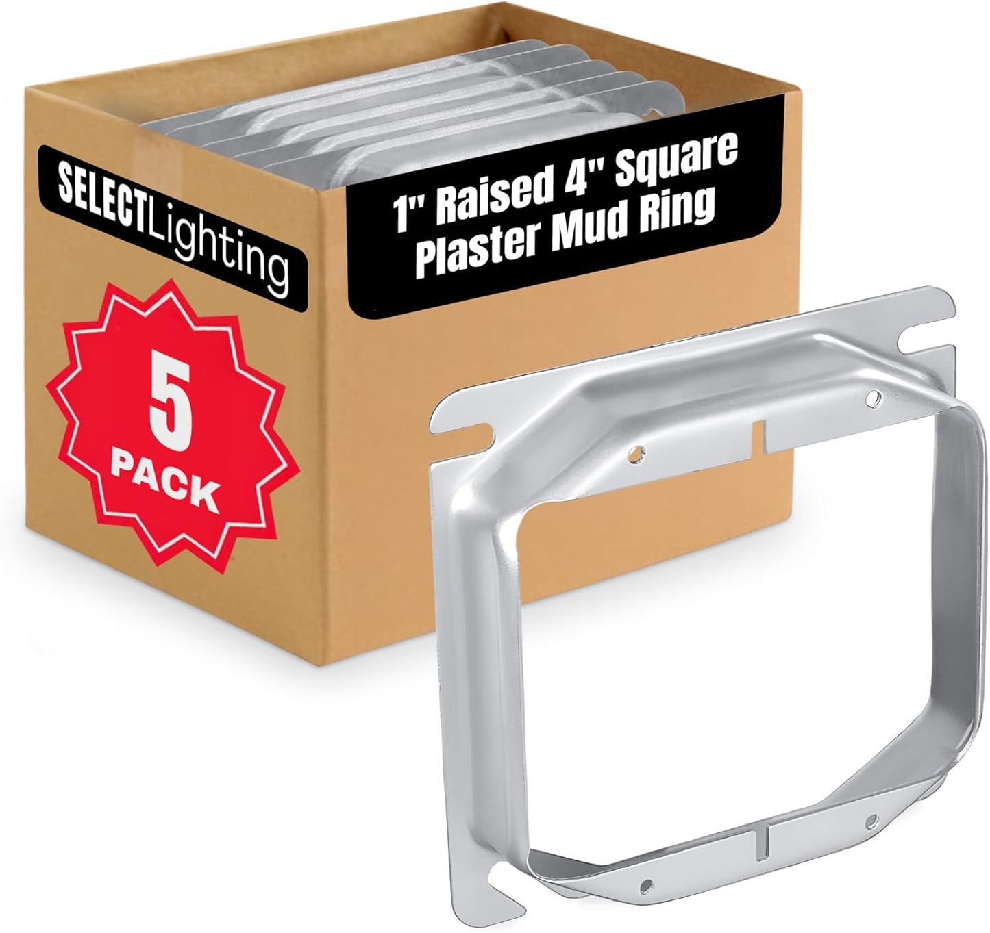 SELECT 5 Pack 1-Inch Raised 4-Inch Square (4S) Two Gang Plaster Ring with Angled Slots, Mud Ring for Wiring Connections, Housing Receptacles & Switches
