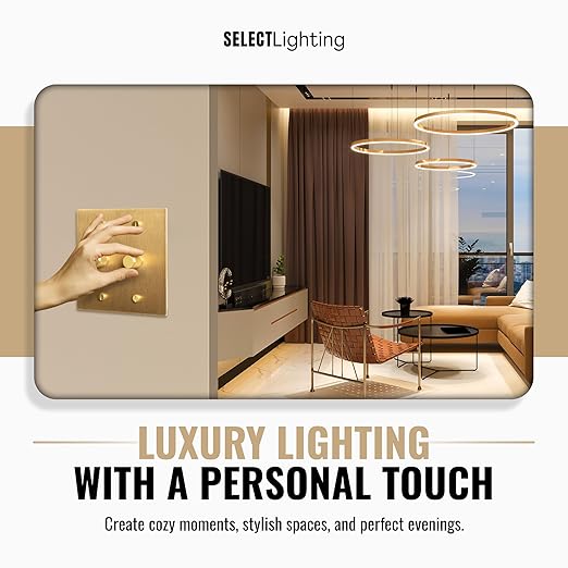 2-Gang Satin Solid Brass Rotary Dimmer Switch, 15A 120V AC Wall Mount, TRIAC/Leading Edge 1-Way Compatible, Dimmable LED Light Control with Knob, Faceplate & Dimming Module