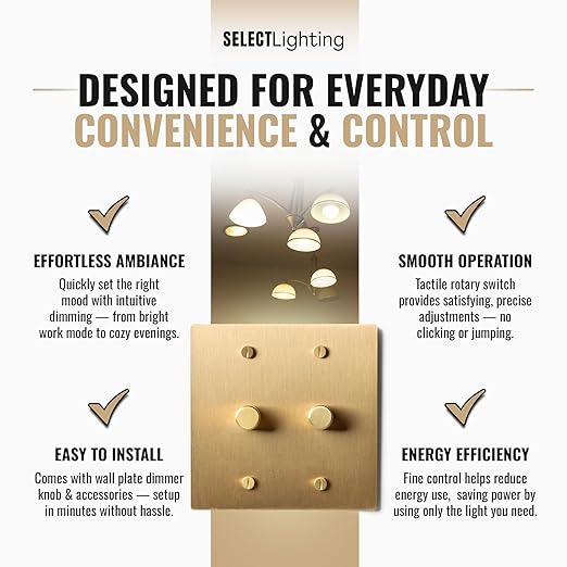 2-Gang Satin Solid Brass Rotary Dimmer Switch, 15A 120V AC Wall Mount, TRIAC/Leading Edge 1-Way Compatible, Dimmable LED Light Control with Knob, Faceplate & Dimming Module