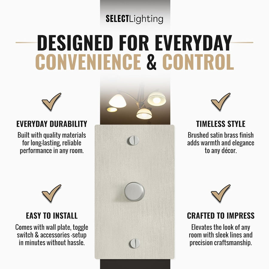 1-Gang Satin Nickel Rotary Dimmer Switch, 15A 120V AC Wall Mount, TRIAC/Leading Edge 1-Way Compatible, Dimmable LED Light Control with Knob, Faceplate & Dimming Module