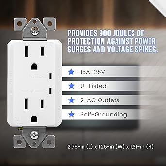 Wall Mount Surge Protector Receptacle, Tamper-Resistant with Grounding Indicator, Outlet Wall Plate with LED Indicator for Indoor and Outdoor, Self-Grounding, 2-Pole, 15A, 125V, White