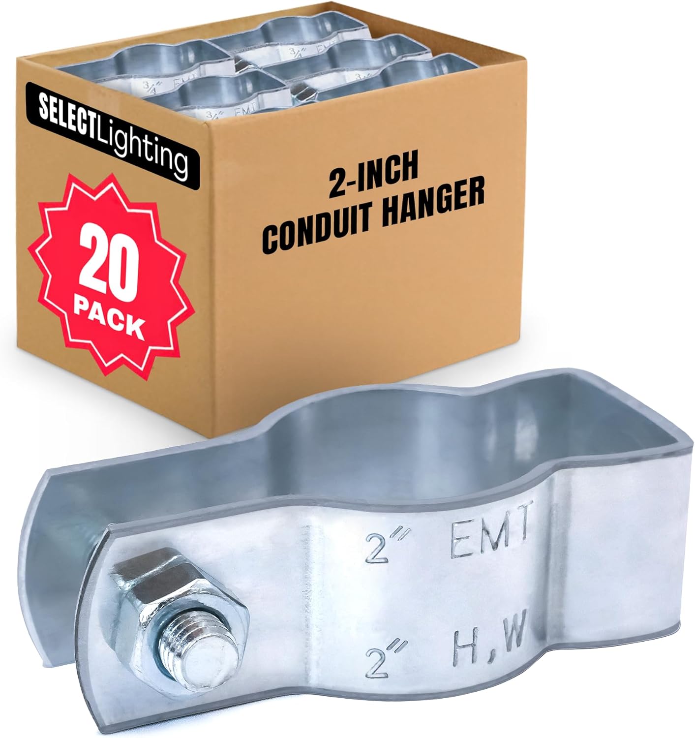 SELECT 20 Pack Lighting Conduit Hanger, 2 Inch Electrical Conduit Clamp with Carriage Bolt and Nut, Galvanized Conduit Clamps, Rigid Conduit Pipe Fittings for Mounting