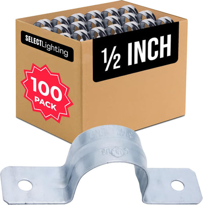 Select 100 Pack Lighting 2 Hole 1/2 Inch Rigid Pipe Straps for EMT, Heavy-Duty Zinc-Plated Steel Clips with Reinforced Rib, Conduit Strap for Pipes, Cables, and Tubes, Snap-On Installation