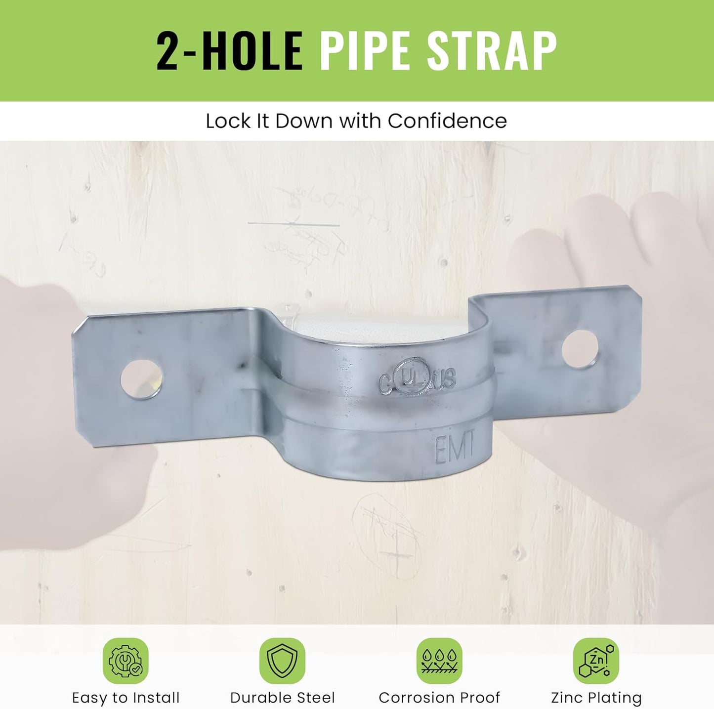 Select 25 Pack Lighting 2 Hole 2 Inch Rigid Pipe Straps for EMT, Heavy-Duty Zinc-Plated Steel Clips with Reinforced Rib, Conduit Strap for Pipes, Cables, and Tubes, Snap-On Installation