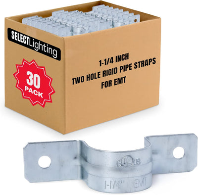 Select 30-Pack Lighting 2 Hole 1 1/4 Inch Rigid Pipe Straps for EMT, Heavy-Duty Zinc-Plated Steel Clips with Reinforced Rib, Conduit Strap for Pipes, Cables, and Tubes, Snap-On Installation