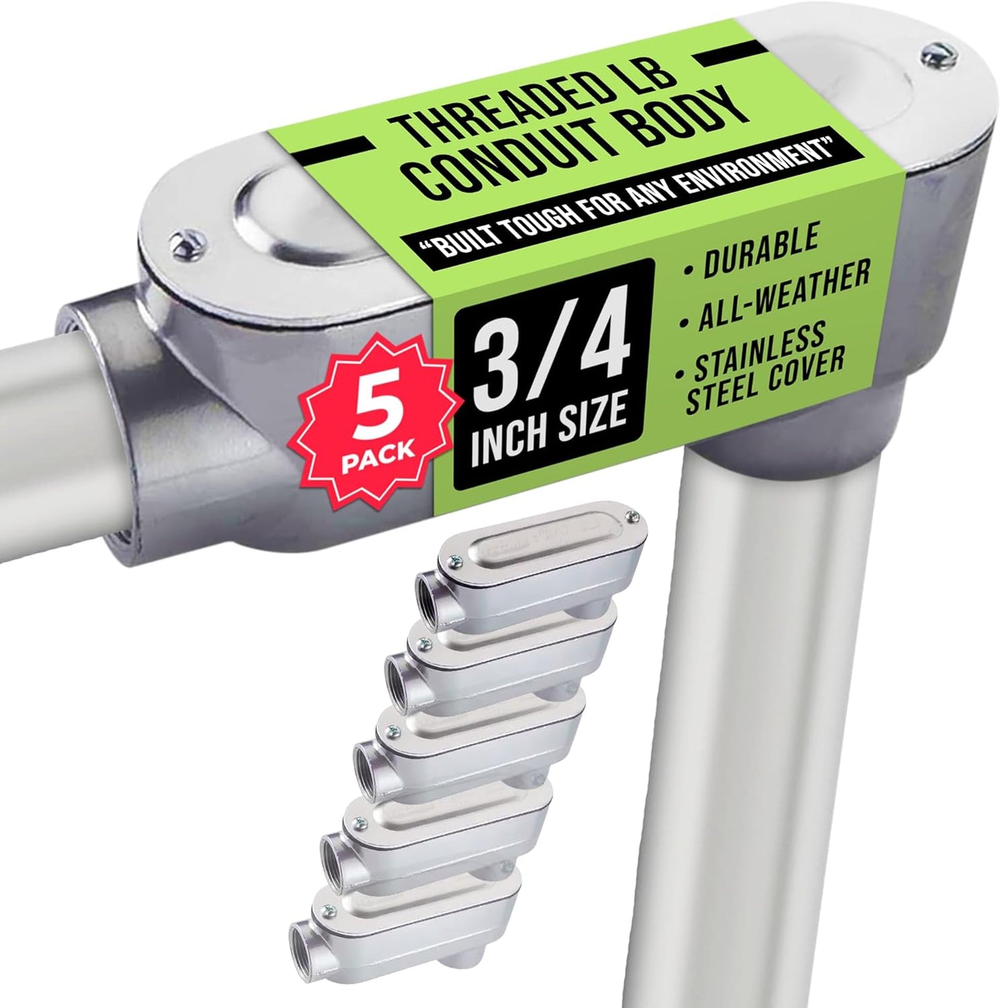 SELECT 5 Pack Lighting Rigid Type Threaded LB Type Conduit Body, Standard Fitting, Aluminum Body with Stainless Steel Cover and Neoprene Rubber Gasket, 3/4-inch