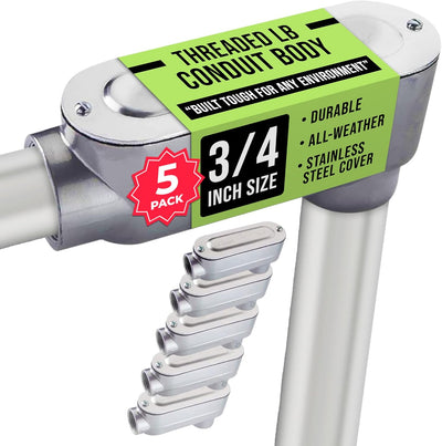 SELECT 5 Pack Lighting Rigid Type Threaded LB Type Conduit Body, Standard Fitting, Aluminum Body with Stainless Steel Cover and Neoprene Rubber Gasket, 3/4-inch