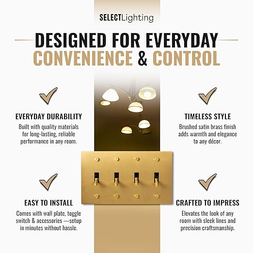 1-Gang Satin Solid Brass Plated Toggle Switch, 15A 120V AC Wall Mount, 3-Way Compatible Vintage Style Single Pole with Faceplate & Switch Module