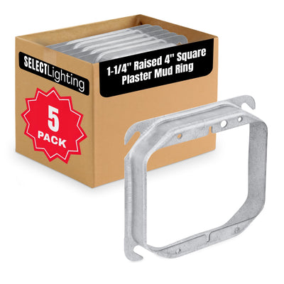 SELECT 5 Pack 1-1/4-Inch Raised 4-Inch Square (4S) Two Gang Plaster Ring with Angled Slots, Mud Ring for Wiring Connections, Housing Receptacles & Switches.
