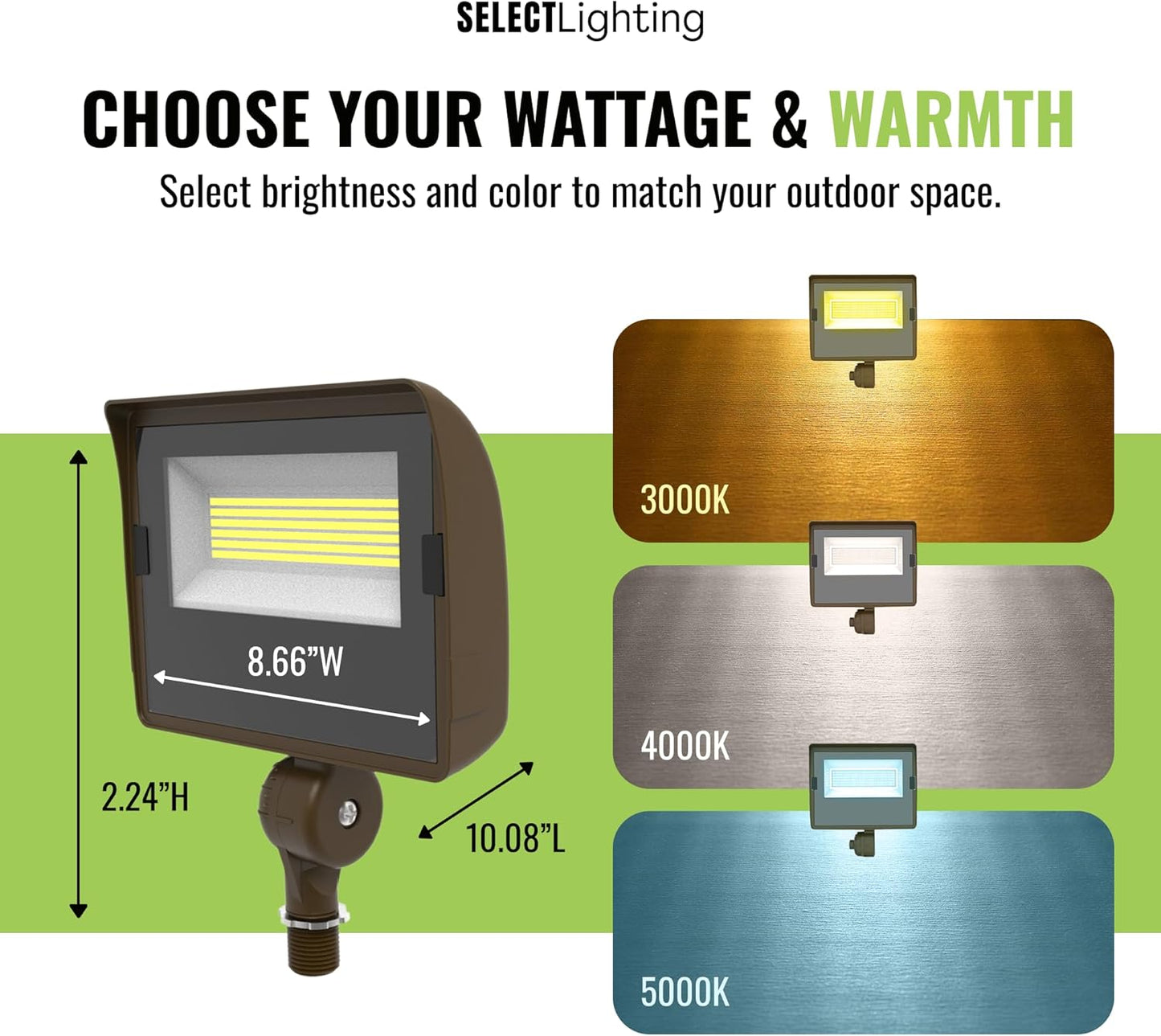 LED Flood Light, Multi-Watt (40/50/60W) & Multi-CCT (3000K/4000K/5000K), 1/2 Inch Swivel Knuckle Mount, Waterproof, 120-277V, 8000 Lumens, Outdoor Security Floodlight for Yard