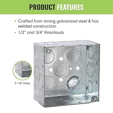Select 10 Pack 4-Inch Deep Square Electrical Box, Welded with 1/2 & 3/4-Inch KO, 2-1/8-Inch Deep Junction Box Metal, Galvanized Steel, UL, Receptacle Outlet Box