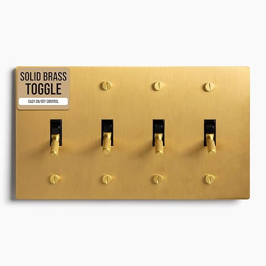 1-Gang Satin Solid Brass Plated Toggle Switch, 15A 120V AC Wall Mount, 3-Way Compatible Vintage Style Single Pole with Faceplate & Switch Module