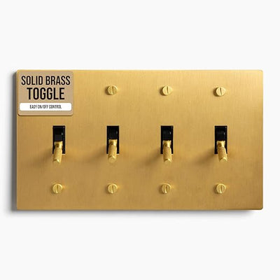 3-Gang Satin Solid Brass Rotary Dimmer Switch, 15A 120V AC Wall Mount, TRIAC/Leading Edge 1-Way Compatible, Dimmable LED Light Control with Knob, Faceplate & Dimming Module