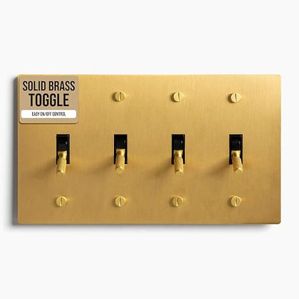 3-Gang Satin Solid Brass Rotary Dimmer Switch, 15A 120V AC Wall Mount, TRIAC/Leading Edge 1-Way Compatible, Dimmable LED Light Control with Knob, Faceplate & Dimming Module