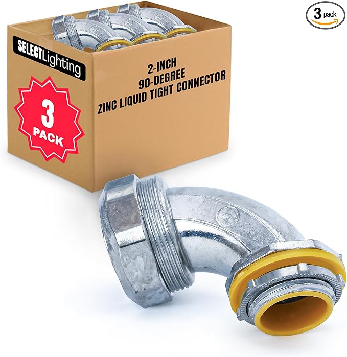 SELECT 3 Pack Lighting 90-Degree Zinc Liquid Tight Connector, 2 Inch Electrical Connectors, Conduit Fittings, Safe and Rust Resistant
