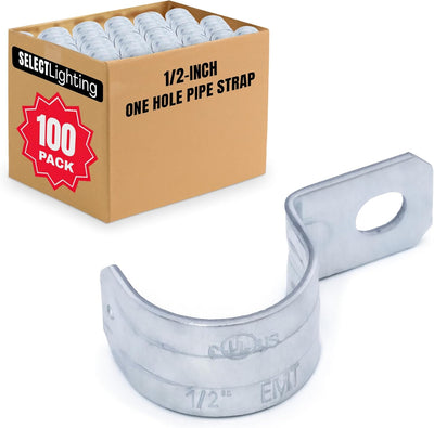 Select 100 Pack Lighting 1 Hole 1/2 Inch Rigid Pipe Straps for EMT, Heavy-Duty Zinc-Plated Steel Clips with Reinforced Rib, Conduit Strap for Pipes, Cables, and Tubes, Snap-On Installation