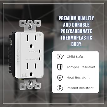 Wall Mount Surge Protector Receptacle, Tamper-Resistant with Grounding Indicator, Outlet Wall Plate with LED Indicator for Indoor and Outdoor, Self-Grounding, 2-Pole, 15A, 125V, White