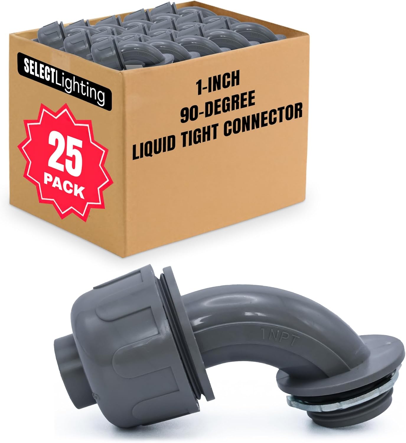 SELECT 25 Pack Lighting PVC Liquid Tight Connector, 1” 90-Degree Conduit Connectors, Non-Metallic Conduit Fittings, Safe and Rust Resistant