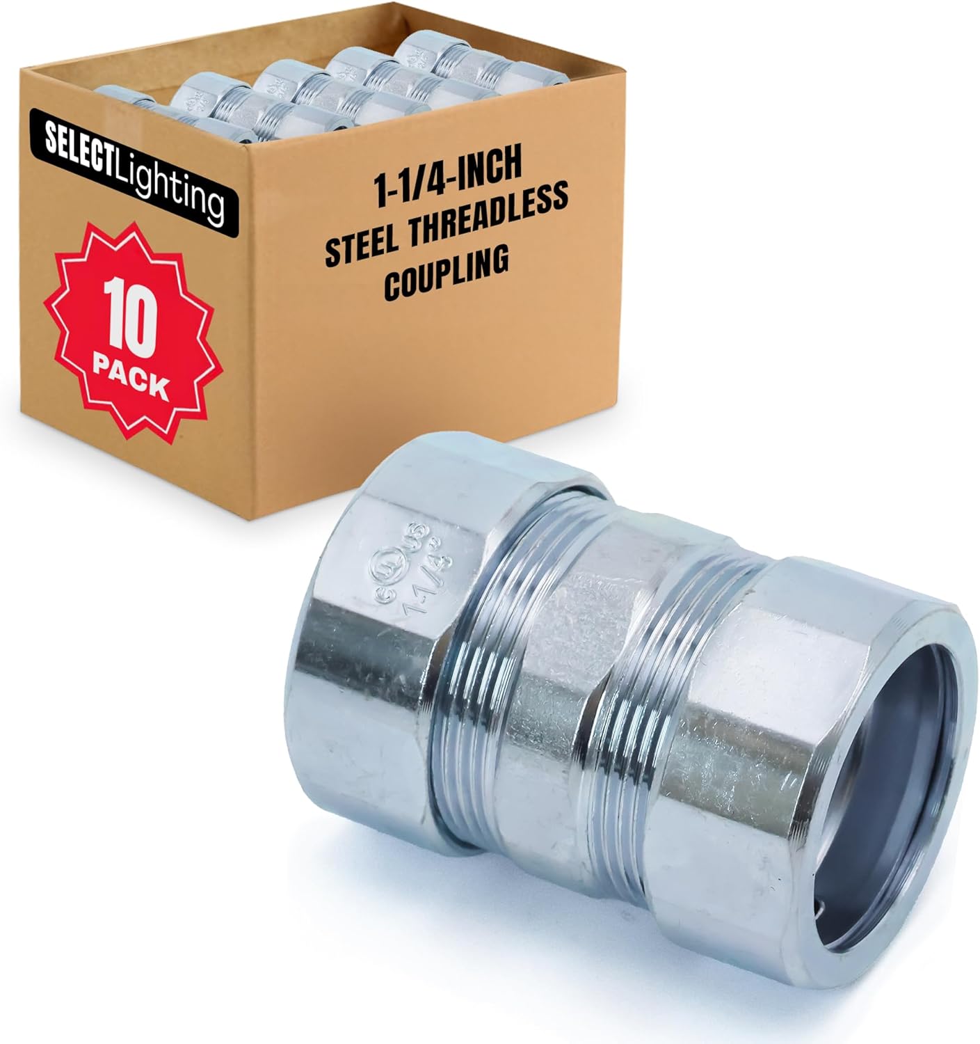 SELECT 10 Pack Lighting Threadless Coupling, 1-1/4 Inch Zinc Plated St ...