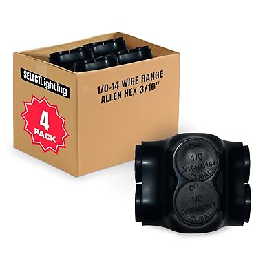 Select 4 Pack Black Insulated Dual Entry Splice Electrical Power Connector, 1/0-14 Wire Range, Allen Hex 3/16"