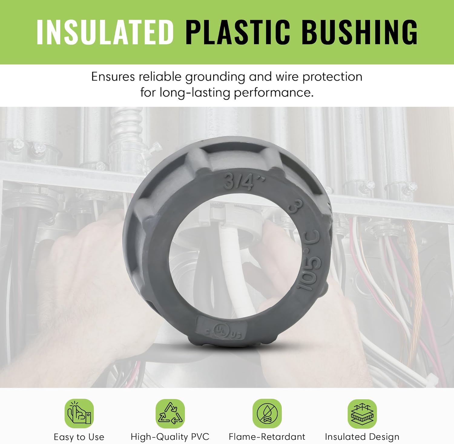 SELECT 100 Pack Insulated Plastic Bushing, 3/4 Inch Rigid PVC Electrical Bushing for Superior Grounding Performance, Fire Retardant Threaded Conduit Fittings