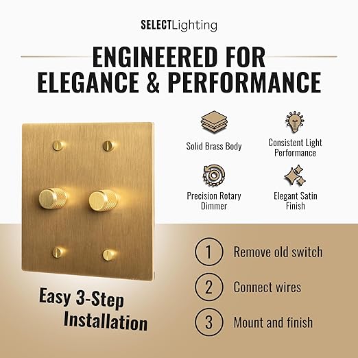 2-Gang Satin Solid Brass Rotary Dimmer Switch, 15A 120V AC Wall Mount, TRIAC/Leading Edge 1-Way Compatible, Dimmable LED Light Control with Knob, Faceplate & Dimming Module