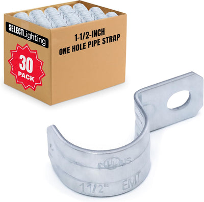 Select 30 Pack Lighting 1 Hole 1-1/2 Inch Rigid Pipe Straps for EMT, Heavy-Duty Zinc-Plated Steel Clips with Reinforced Rib, Conduit Strap for Pipes, Cables, and Tubes, Snap-On Installation