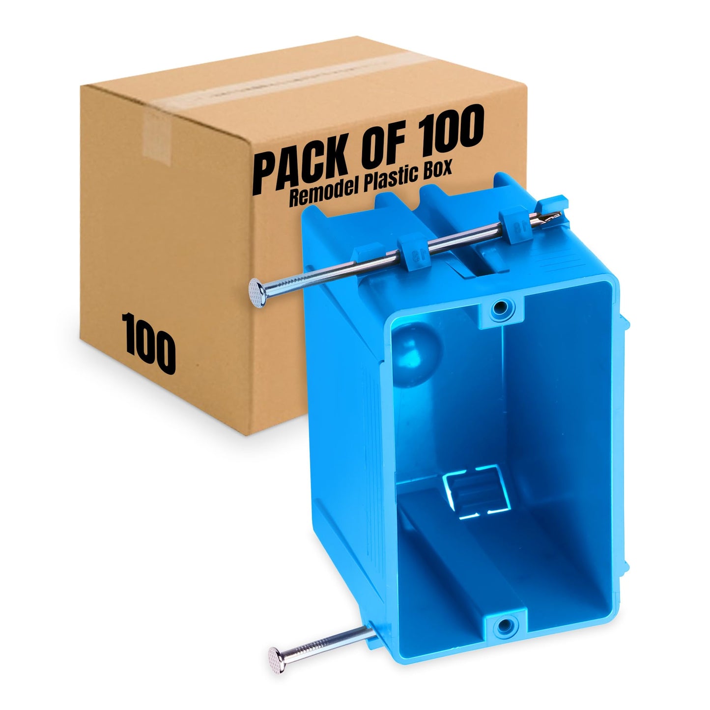 SELECT 100 Pack Lighting Nail On Plastic Box 1-Gang PVC New Work Standard Switch/Outlet Wall Electrical Box 18 Cubic, SEL-P1N-18, 100-Pack