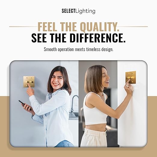 2-Gang Satin Solid Brass Rotary Dimmer Switch, 15A 120V AC Wall Mount, TRIAC/Leading Edge 1-Way Compatible, Dimmable LED Light Control with Knob, Faceplate & Dimming Module