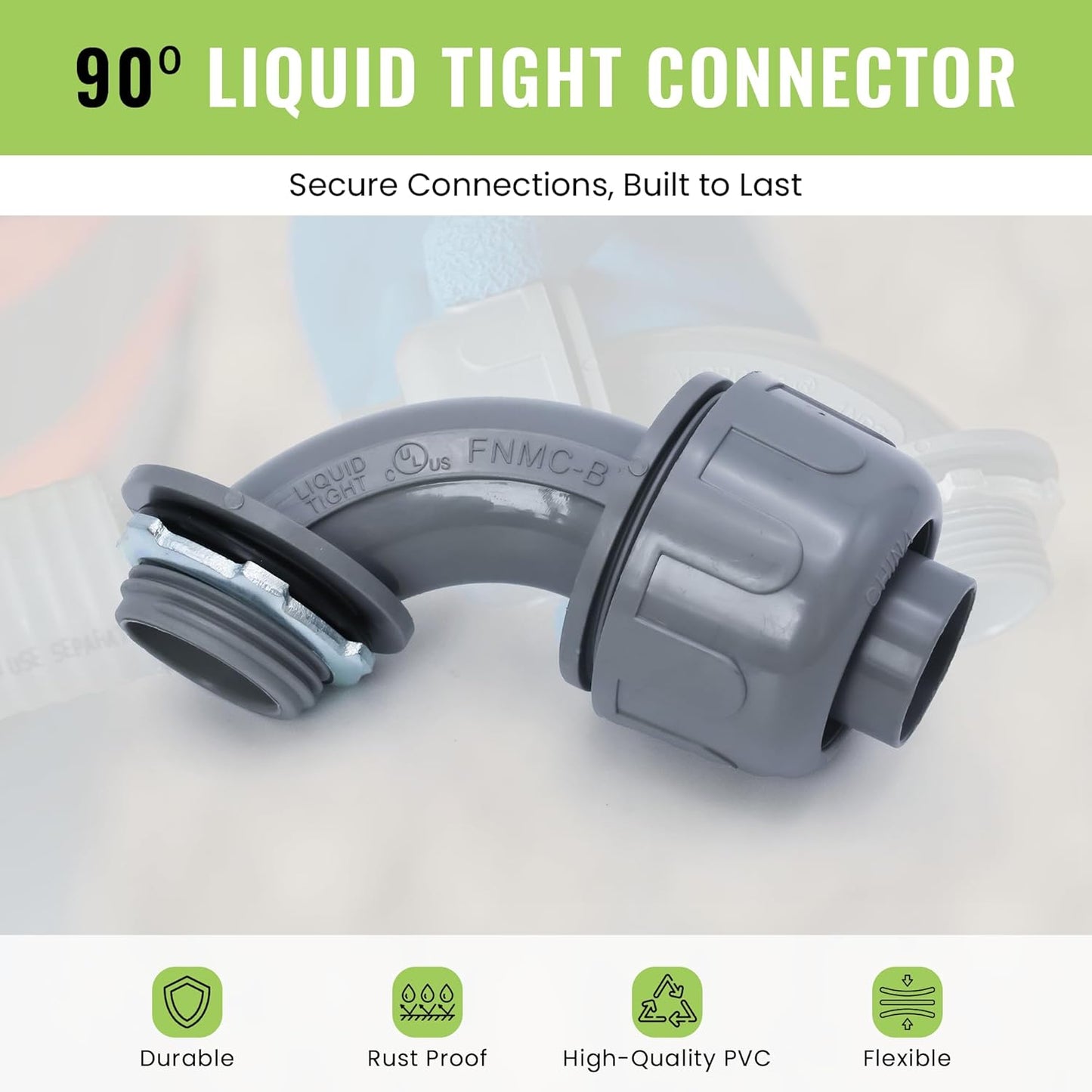 SELECT 10 Pack Lighting PVC Liquid Tight Connector, 1-1/2” 90-Degree Conduit Connectors, Non-Metallic Conduit Fittings, Safe and Rust Resistant
