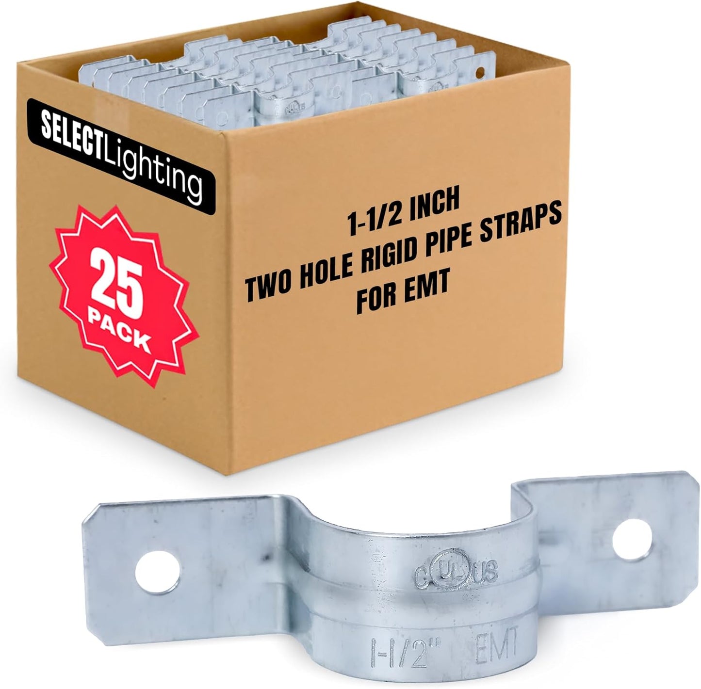 Select 25 Pack Lighting 2 Hole 2 Inch Rigid Pipe Straps for EMT, Heavy-Duty Zinc-Plated Steel Clips with Reinforced Rib, Conduit Strap for Pipes, Cables, and Tubes, Snap-On Installation
