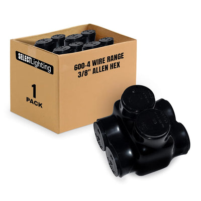 Black Insulated Dual Entry Splice Electrical Connector, Multi Port Cable Connectors, 600-4 Wire Range, 3/8" Allen Hex, Pre-Filled Oxide Inhibitor, Rubber Vinyl Coating, SEL-IC2D-600