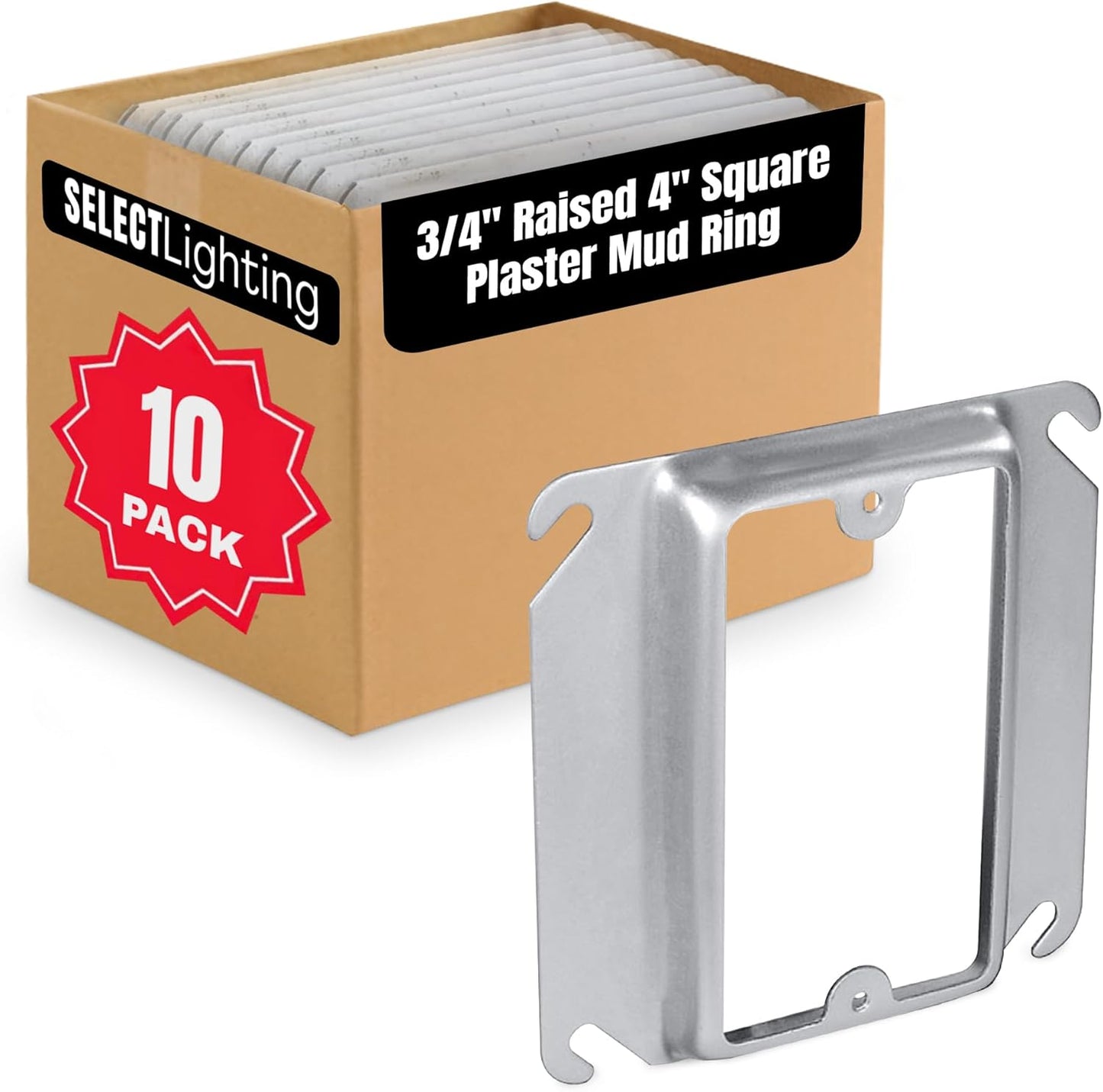 Select 10 Pack 3/4-Inch Raised 4-Inch Square (4S) One Gang Plaster Ring with Angled Slots, Mud Ring for Wiring Connections, Housing Receptacles & Switches