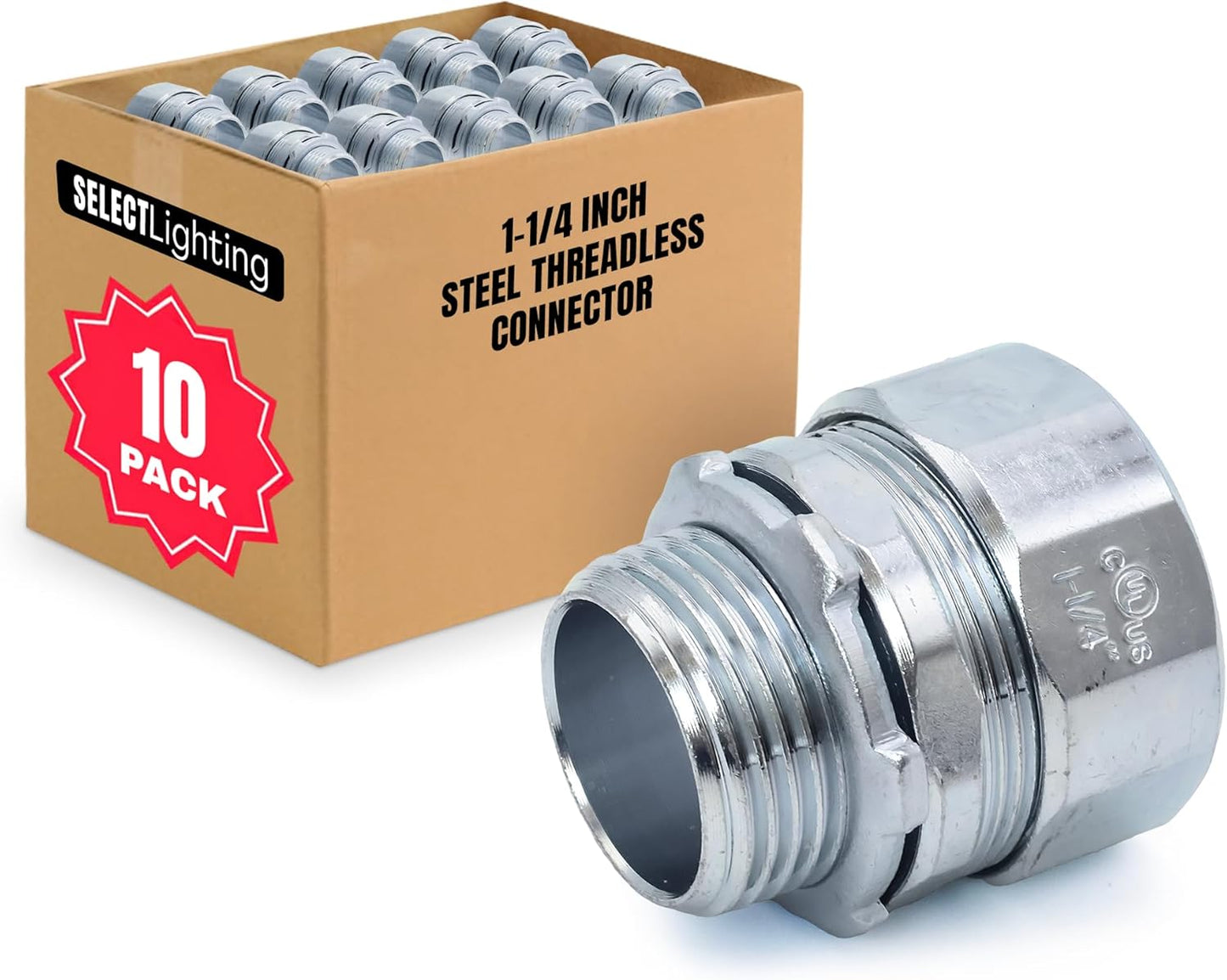 SELECT 10 Pack Lighting Threadless Connector, 1-1/4 Inch Zinc Plated Steel Compression Connector, Electrical Conduit Fittings for Indoor and Outdoor Use