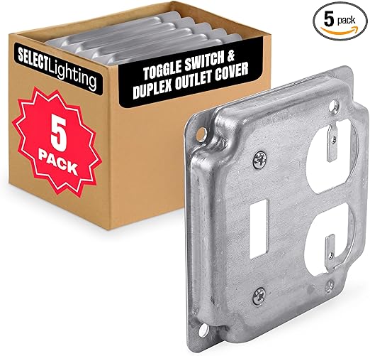 Select 5 Pack 4-Inch Square (4S) Electrical Outlet Box Cover, 1/2-Inch Raised Industrial Box Cover, Toggle Switch & Duplex Outlet Cover, Receptacle Outlet