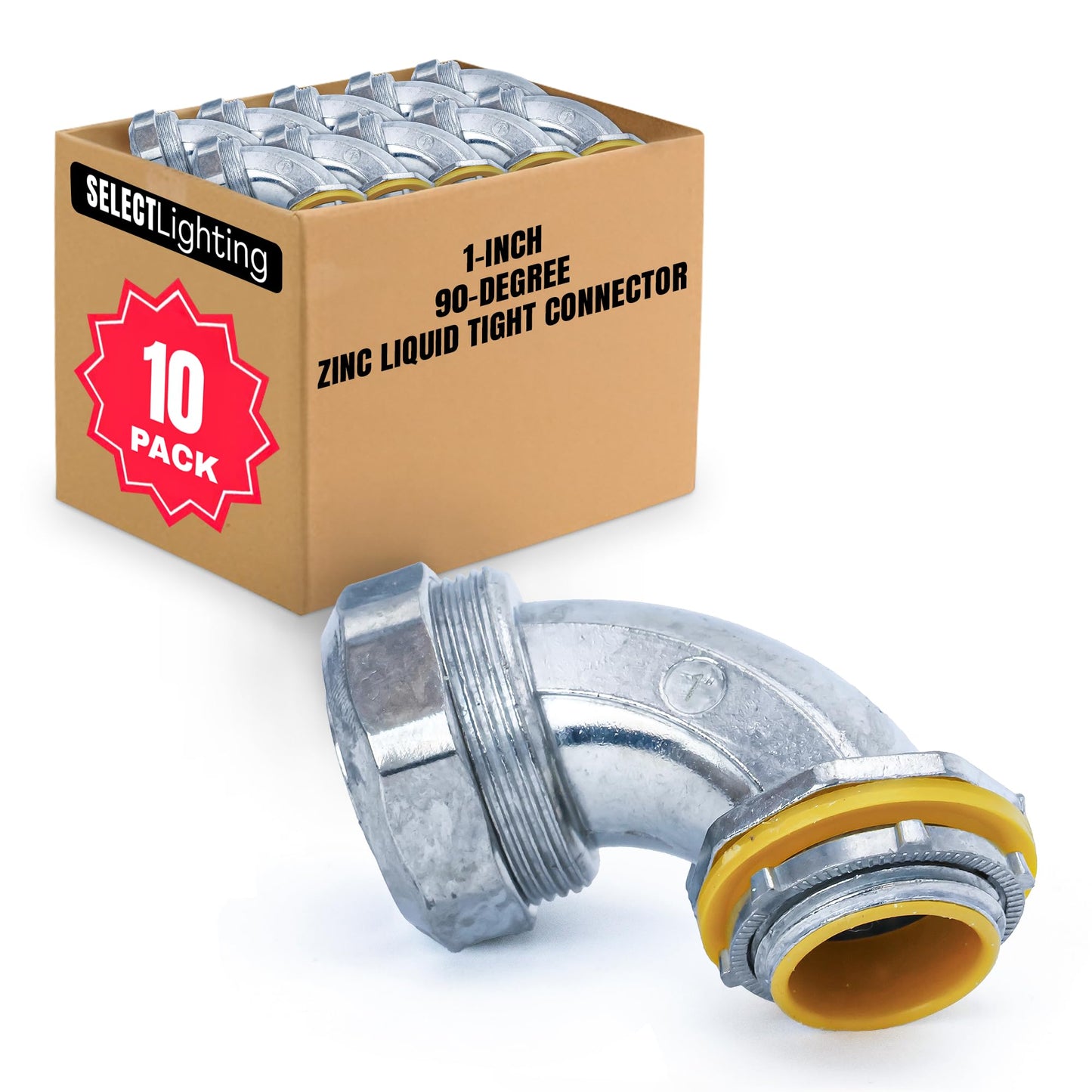 SELECT 10 Pack Lighting 90-Degree Zinc Liquid Tight Connector, 1 Inch Electrical Connectors, Conduit Fittings, Safe and Rust Resistant