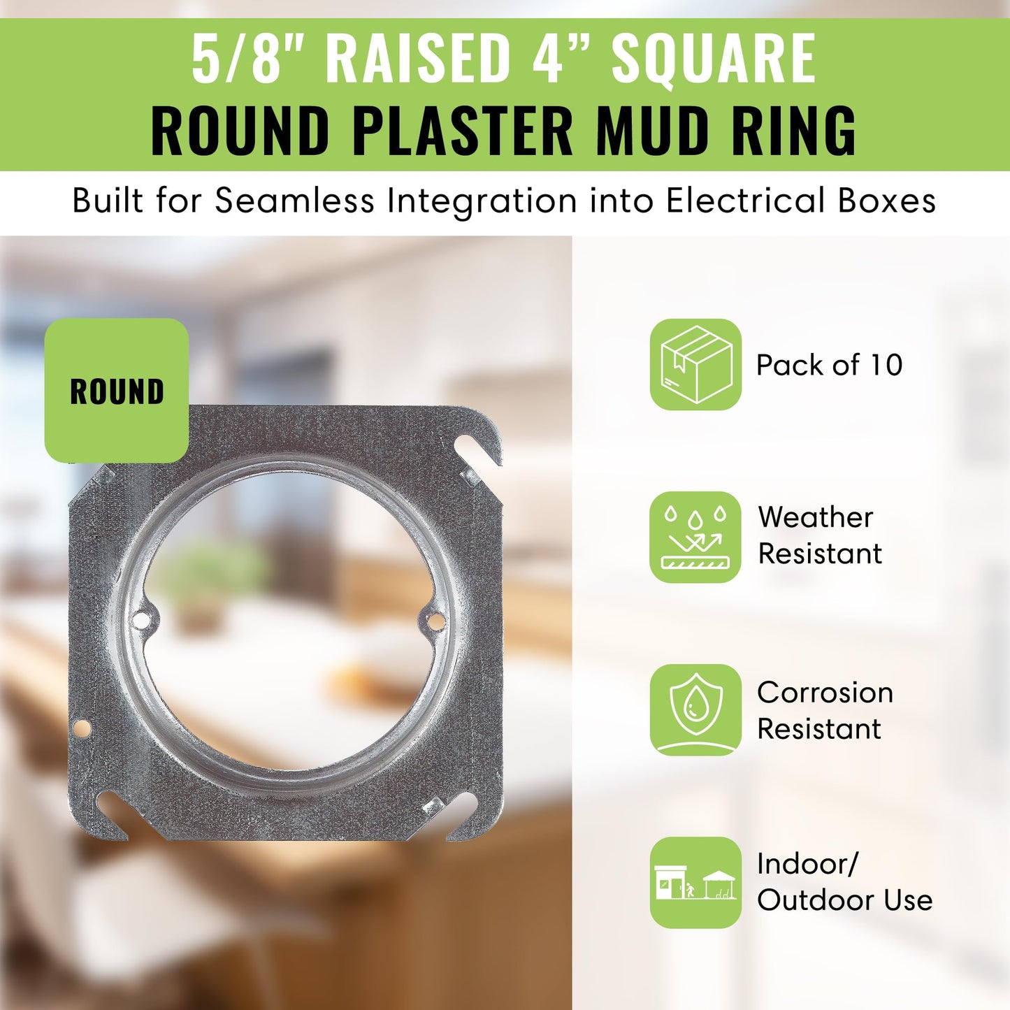 SELECT 10 Pack 5/8" Raised 4" Square (4S) Round Plaster Ring with Angled Slots, Mud Ring, Smart Home Décor for Wiring Connections, Housing Receptacles & Switches, SEL-RPR58-10PK