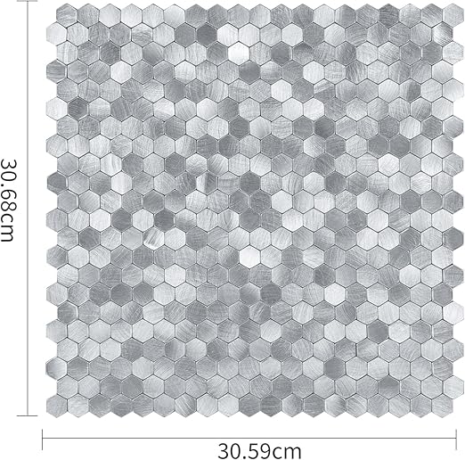 Select 5 Pack Hexagon Peel and Stick Backsplash Tiles, Self Adhesive Metal Backsplash Stick On Aluminum Tiles for Kitchen Bathroom, 12” x 12” Wall Tiles w/10 Edge Pieces, Brushed Nickel